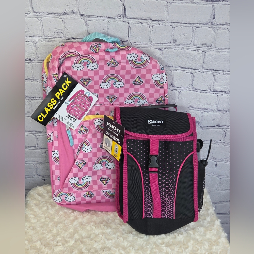 Pink Kids Backpack and Igloo Lunch Bag Set